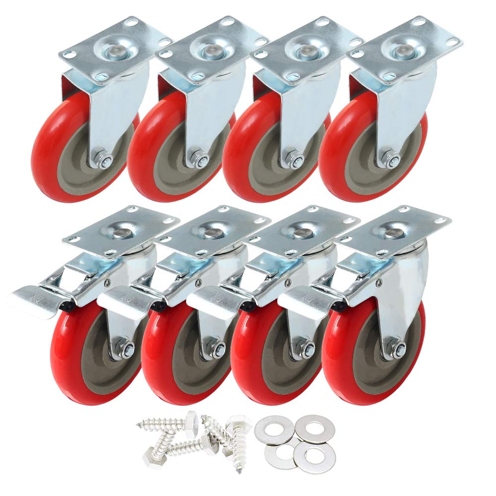 8 Pack 5 Inch Combo Caster Swivel Plate 4 w/Brake & 4 Plate Heavy Duty on Red PU Wheels with Heavy Duty Screws FactorDuty