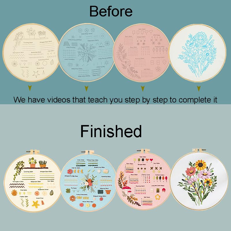 Sutesloly 4 Sets Beginner Embroidery Kits for Adults,Learn Plant Flower Simple Hand Embroidery Starting Sets with Patterns,Basic Easy Stitch Floral Mushroom Learn Embroidery Starter Practice Kit Sutesloly