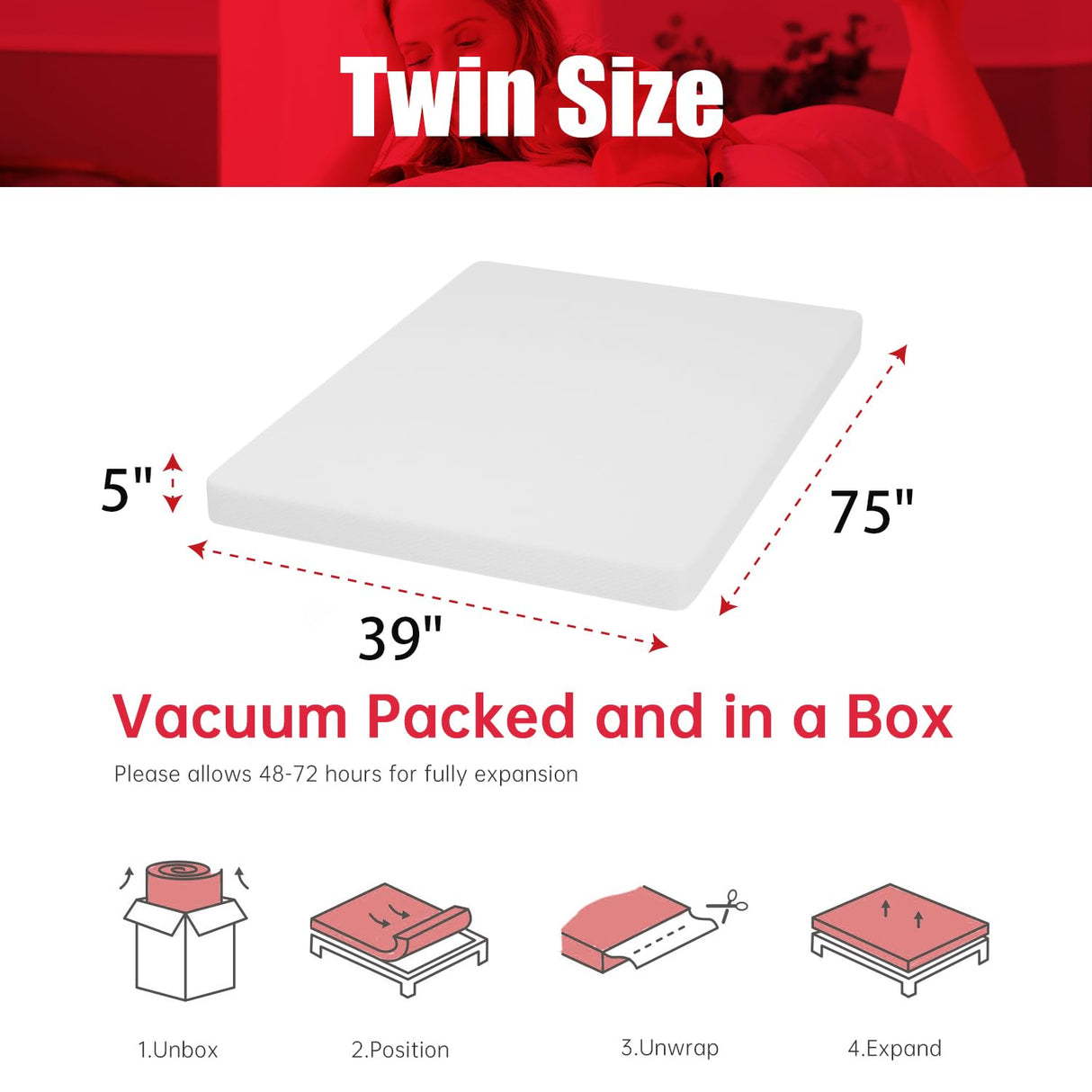 5 Inch Twin Mattress Gel Memory Foam Mattress for Cool Sleep Pressure Relief Breathable Cover Mattress Medium Firm Twin Size Mattress in a Box Cooling Gel Bed Mattresses, White WoodArtSupply