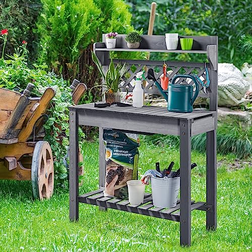 Yaheetech Potting Bench Table Outdoor Garden Potting Table Wooden Workstation w/Sliding Tabletop Removable Sink w/Storage Shelf Flower Pot Bench Mobile Garden Potting Bench Gray Yaheetech