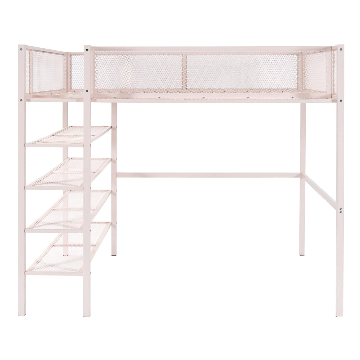 Bellemave Full Size Loft Bed with 4-Tier Shelves and Storage, Metal Loft Bed with Bookshelf, Full Size Loft Bed with Storage Stairs (Pink) Bellemave