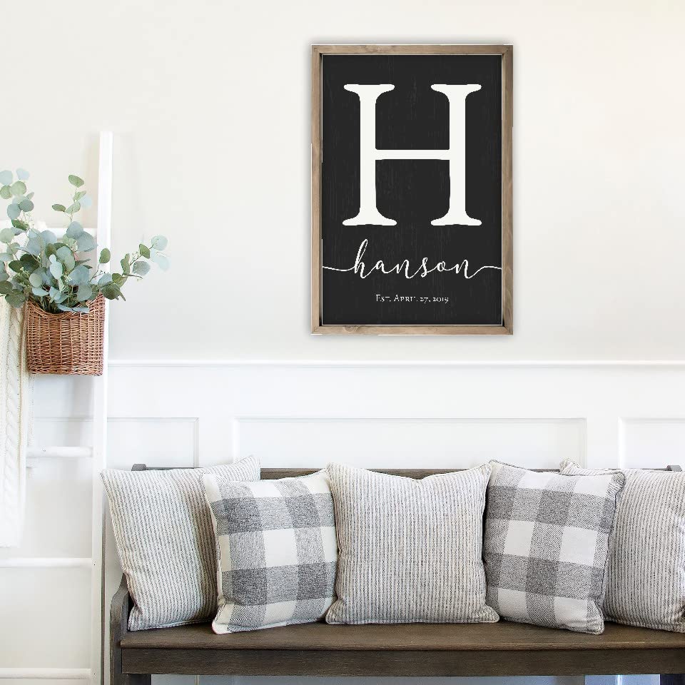 Framed Wooden Family Name Sign Personalized Wood Monogram Choose from Four Sizes (12" x 18", Weathered Grey Frame, Black Background) MRC Wood Products