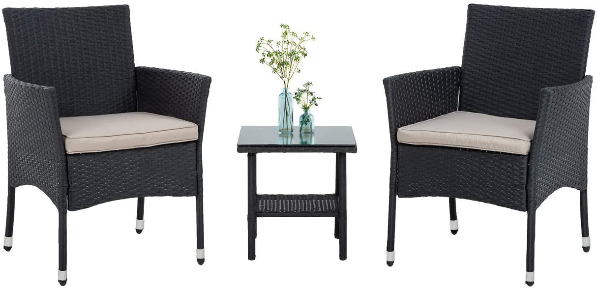 3 Piece Furniture Patio Chairs Wicker Outdoor Rattan Conversation Bistro Set for Backyard Porch Poolside Lawn (Black) PayLessHere