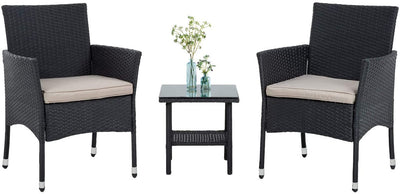 3 Piece Furniture Patio Chairs Wicker Outdoor Rattan Conversation Bistro Set for Backyard Porch Poolside Lawn (Black)