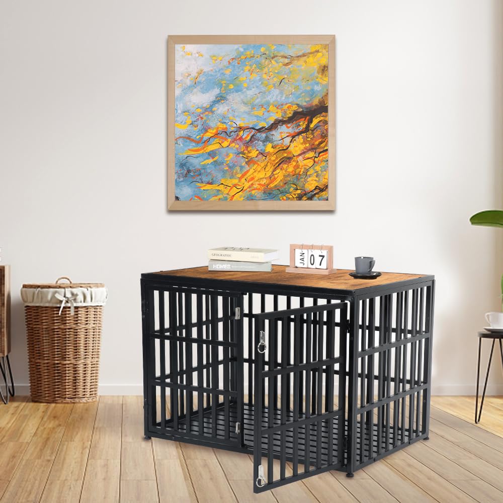 HIDOG 40" Dog Crate Furniture, Wooden Pet Crate End Table Decorative Dog Kennel Furniture, Heavy Duty Dog Cage for Large and Medium Dogs, Three Doors with Double Protection Lockes, Rustic Brown HIDOG