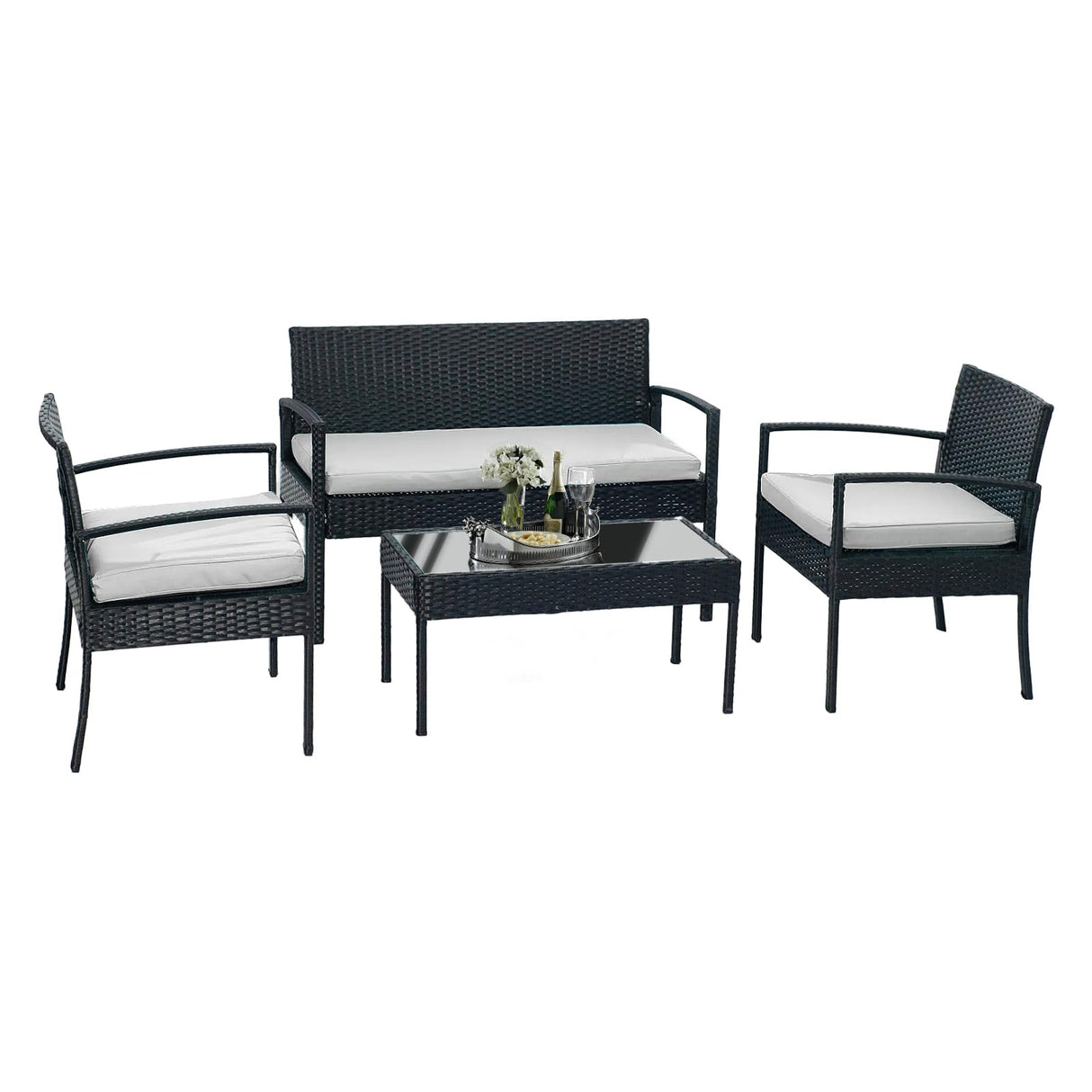 4-Piece Outdoor Wicker Sofa Set, Rattan Porch Furniture with Removable Cushions for Backyard, Balcony, and Deck - All-Weather Durability and Easy Assembly(Brown-Beige) Generic