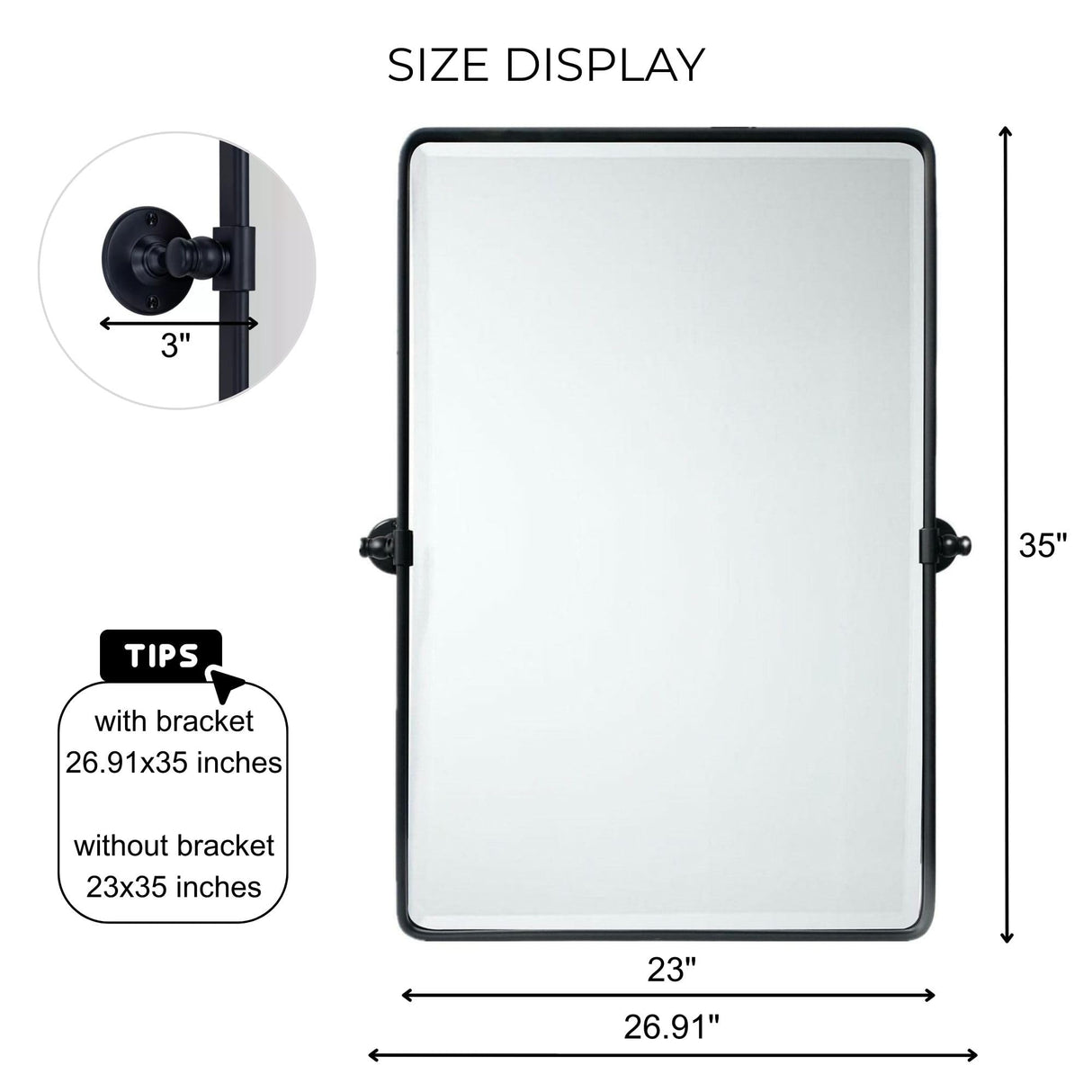 TEHOME Matt Black Pivot Rectangle Bathroom Vanity Mirrror Farmhouse Tiltable Rounded Metal Framed Pivoting Bathroom Mirror with Beveled Mirrror, Overall 27 x 35 inches (Mirrror 23 x 35 inches) TEHOME