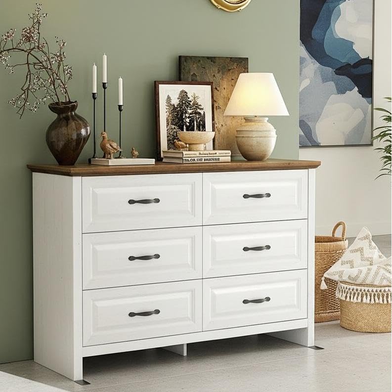 Marsail Farmhouse 6 Drawer Dresser, Wood Chest of Drawers with Natural Texture, Smooth Gliding Drawers, Versatile Storage Organizer Cabinet for Bedroom & Living Room, White and Brown Marsail