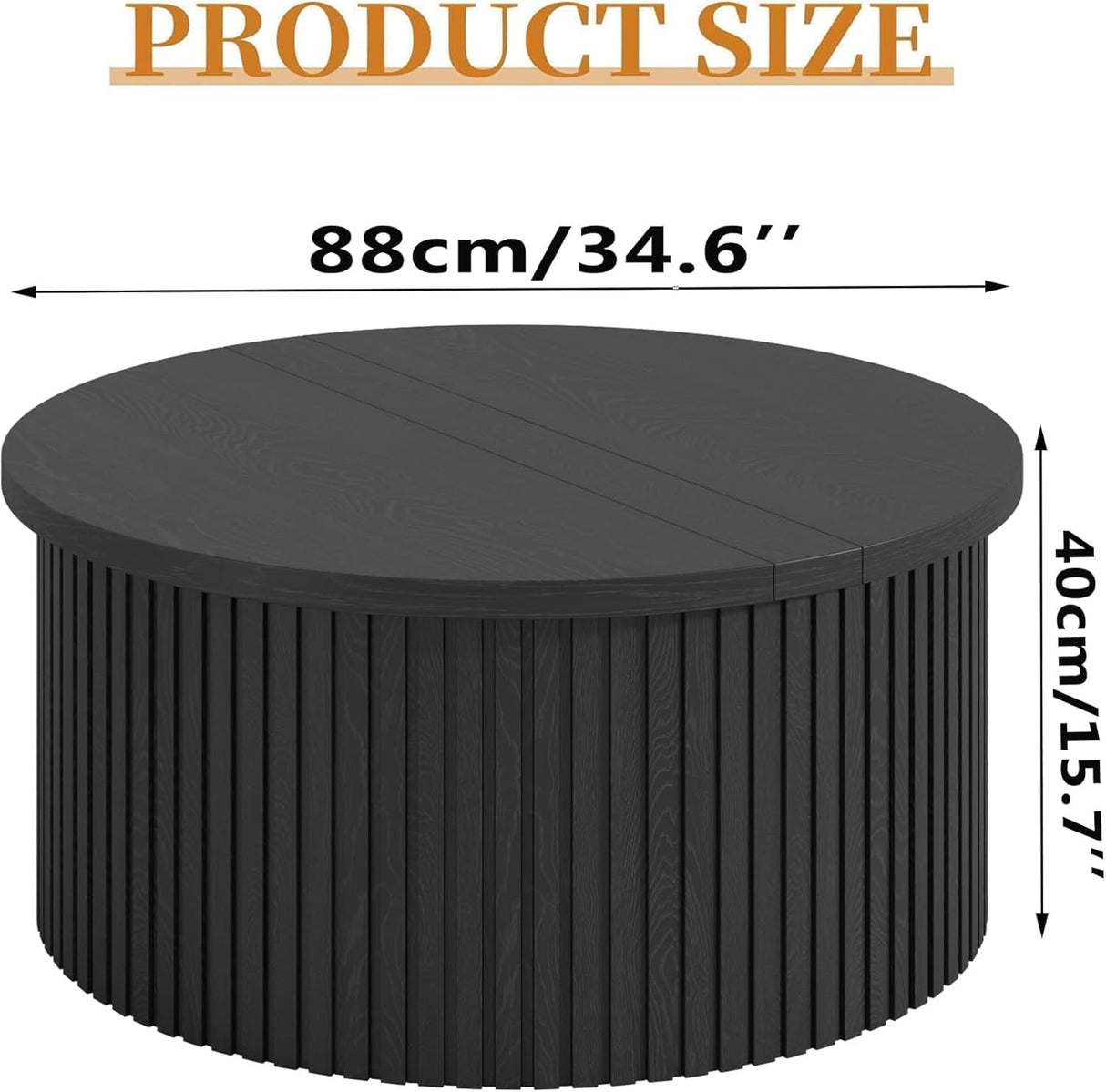 Fsbecl Round Fluted Lift Top Coffee Table with Storage, 34.6'' Farmhouse Round Coffee Tables for Living Room, Circle Wood Accent Center Table for Home, Office (Black) Fsbecl