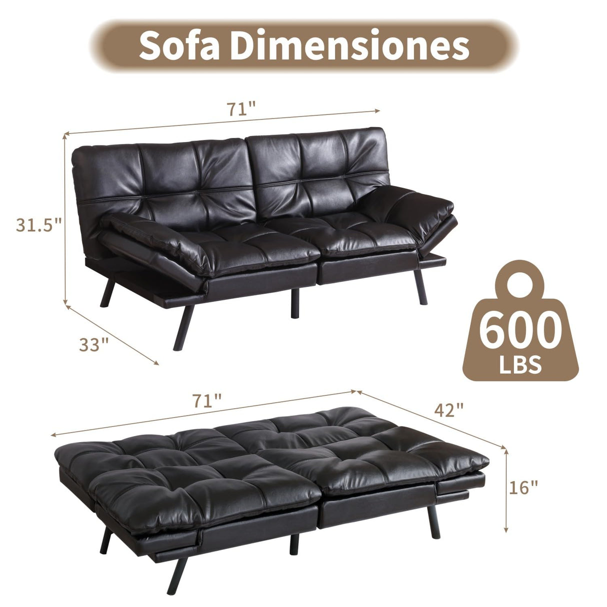 Opoiar 71" Convertible Futon Sofa Bed & Sleeper Couch - Memory Foam Loveseat Sofa with Adjustable Backrest/Armrest for Small Space, Apartment, Living Room - Black Opoiar