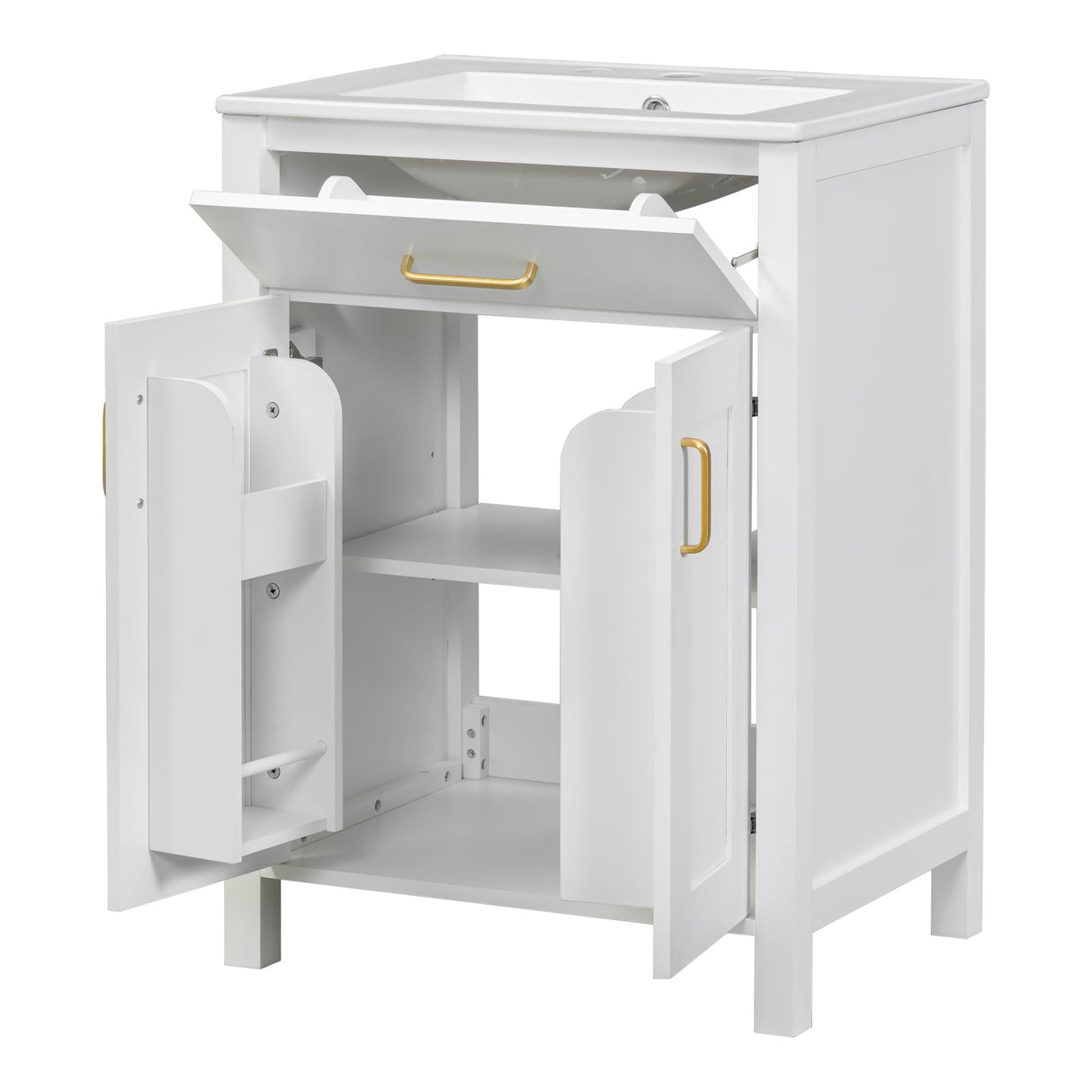 LUMISOL 24" Bathroom Vanity with Sink, Single Bathroom Vanity with a Drawer & Soft-Close Doors, Solid Wood Bathroom Cabinet with 2-Tier Racks, Adjustable Shelf, Ceramic Vessel Sink, White 24 in LUMISOL