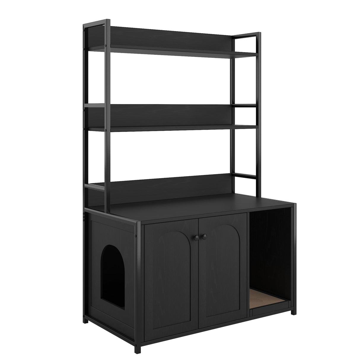 Litter Box Enclosure with 2 Storage Shelves Black Hidden Cat Litter Box Furniture with Scratch Pad, Indoor Cat House Kitty Box Washroom Cat Bookshelf Cabinet Hipicute