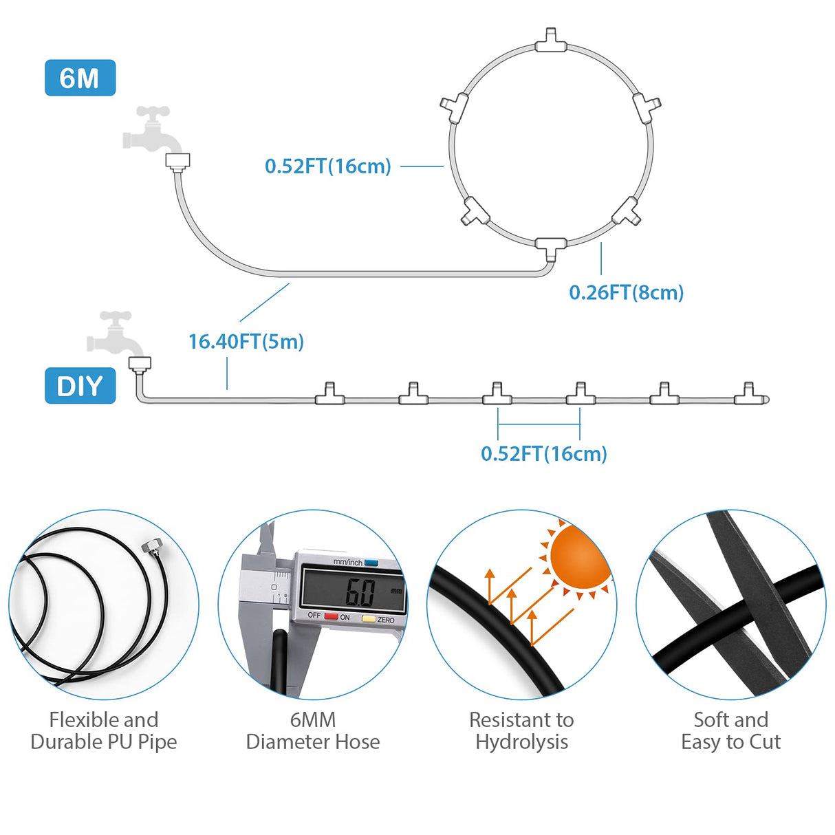 lifeegrn Misting Cooling System: Outdoor Mister System for Patio, 20 FT Misting Line+5 Mist Nozzles+3/4" Brass Adapter Garden Trampoline Greenhouse lifeegrn