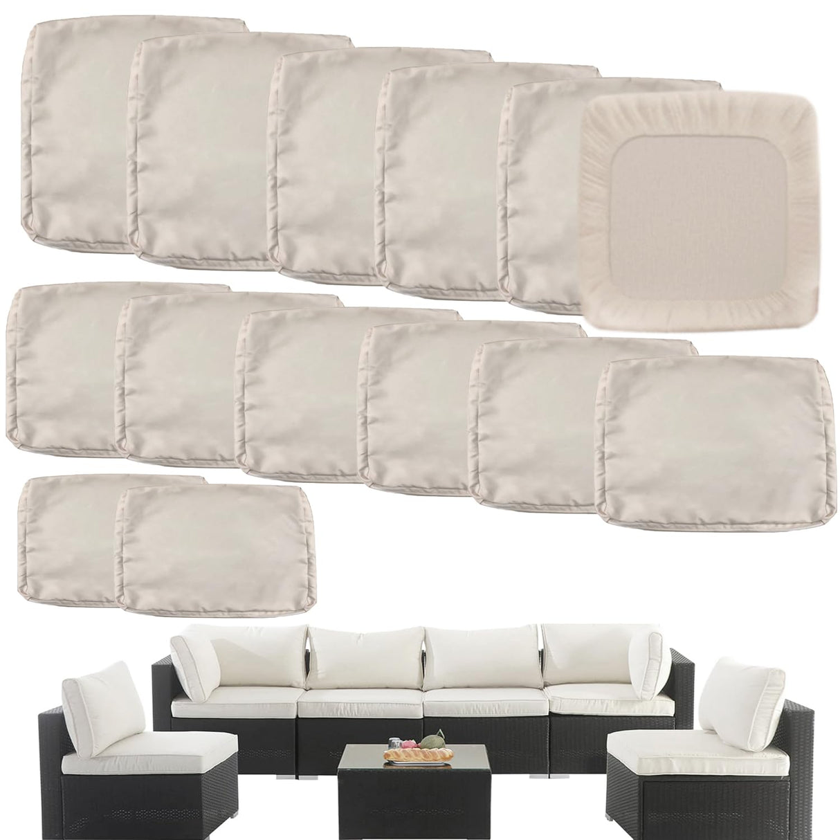 TECOSARA Outdoor Cushion Covers Replacement 14 Pcs Patio Cushion Covers fit for 7Pieces 6-Seater Wicker Rattan Sectional Couch Sofa Outdoor Cushion Slipcovers Set Seat and Back Cover Only, Beige TECOSARA