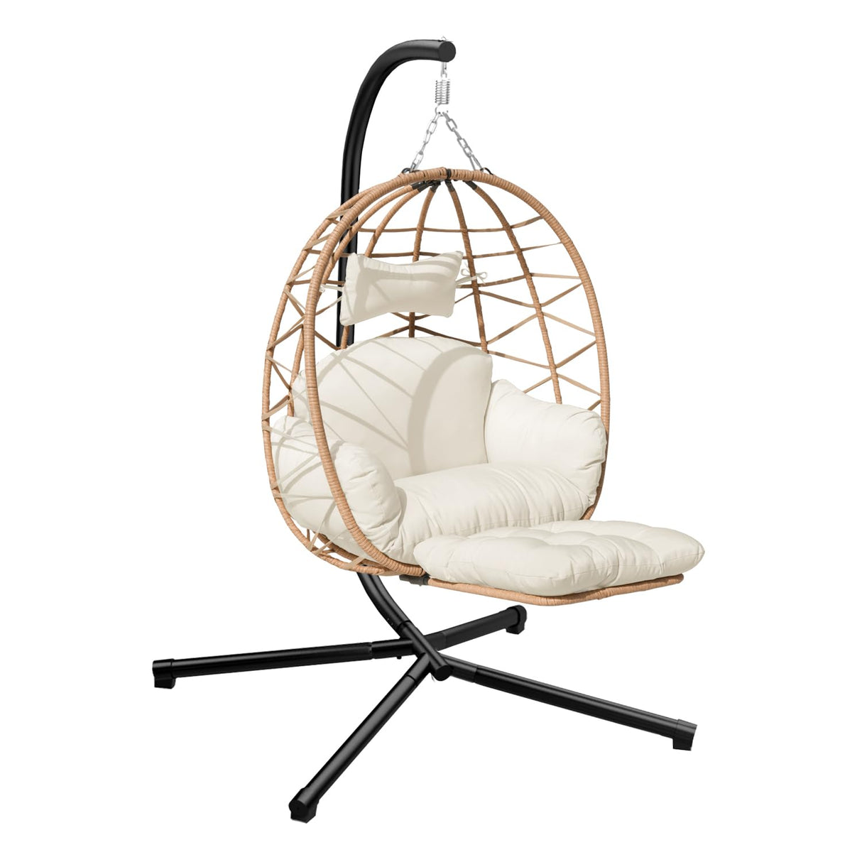 Indoor Outdoor Hanging Egg Chair with Stand & Leg Rest – Heavy-Duty Steel Frame, Handwoven Rattan Swing Chair for Patio, Garden, Bedroom – 350 lbs Capacity, Ergonomic Design (White) Nevsokio