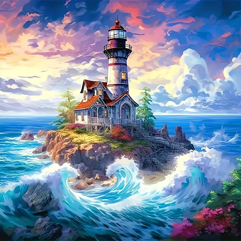 5D Diamond Art Kits for Adults Beginners Ocean Beacon,Sea Tower DIY Full Round Drill Diamond Painting Kits,Lighthouse Paint by Diamonds Dots Gem Art Easy,Home Wall Decor 14X14 Inch Acelii