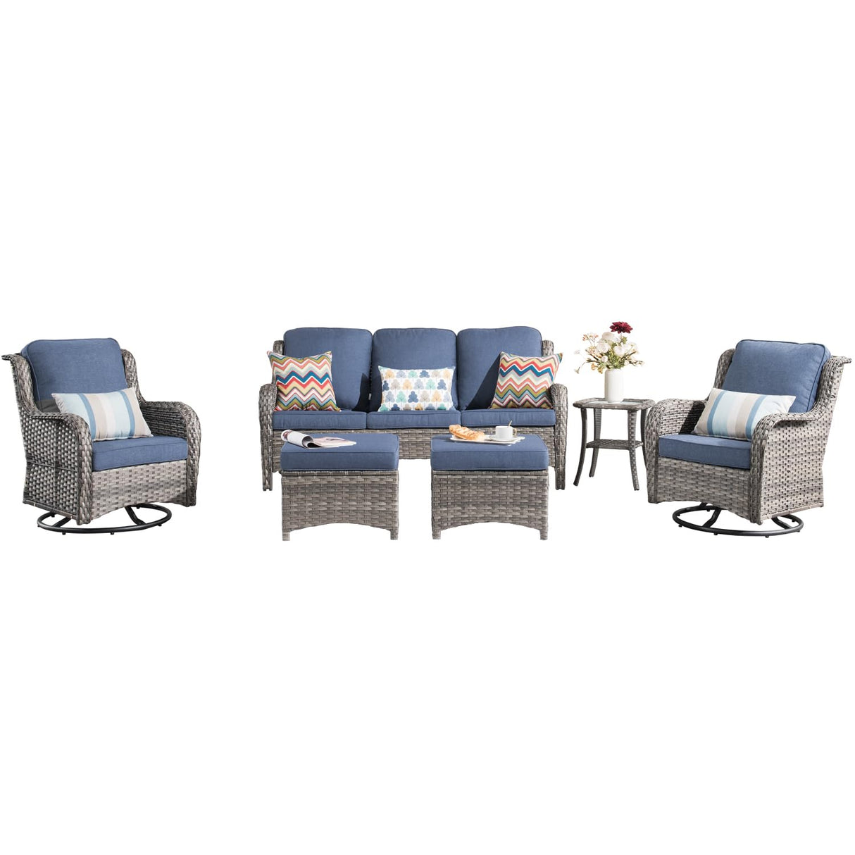 ovios Patio Furniture Set, 6 Piece Outdoor Wicker High Back Sofa with Swivel Rocking Chairs, Ottomans, Comfy Cushions, All Weather Conversation Set, Grey Rattan Denim Blue ovios