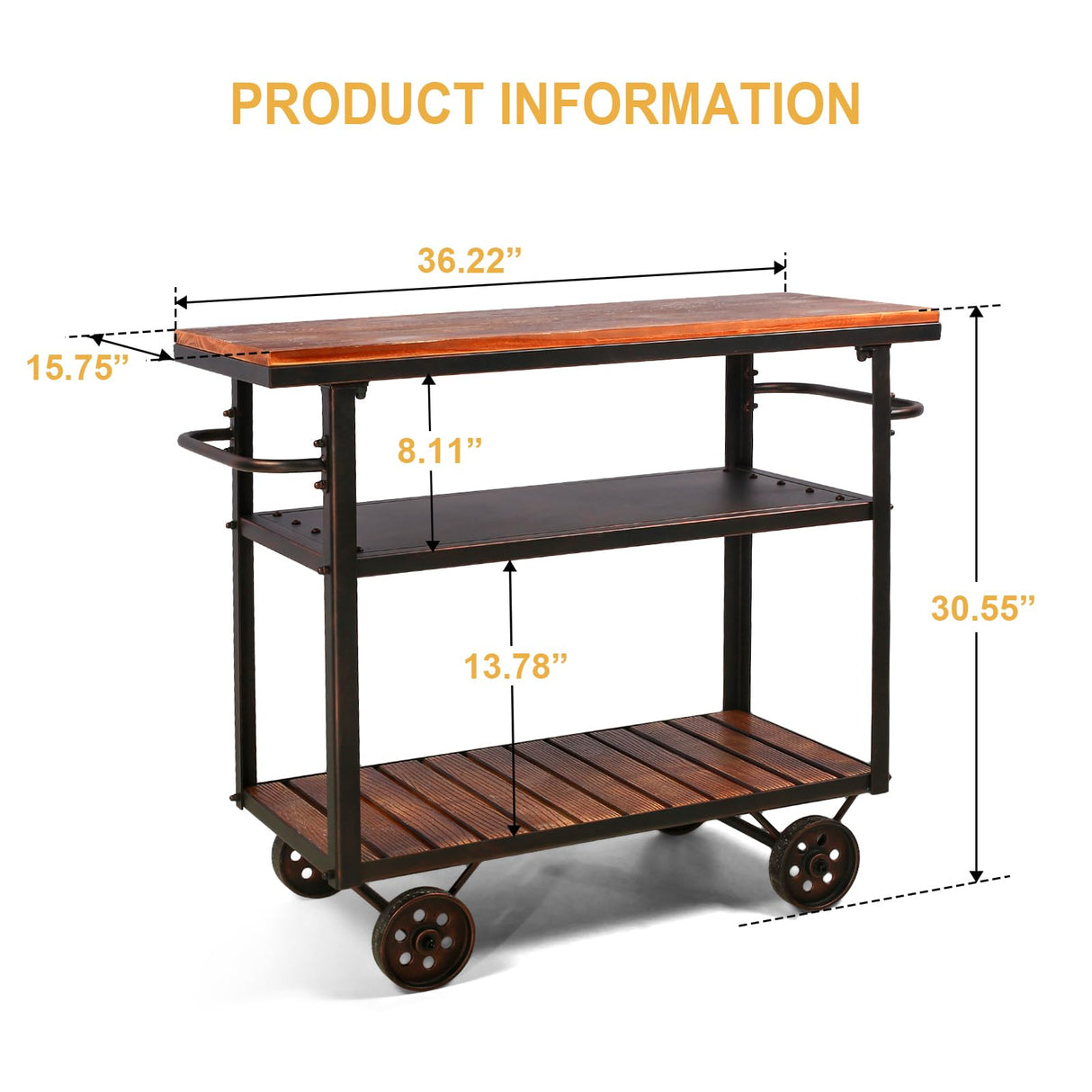 Industrial Bar Cart, Serving Cart with Wheels and Handle, 3-Tier Beverage Metal Cart with Removable Tray and Storage Shelves for Living Room Kitchen, Rustic Copper Topower