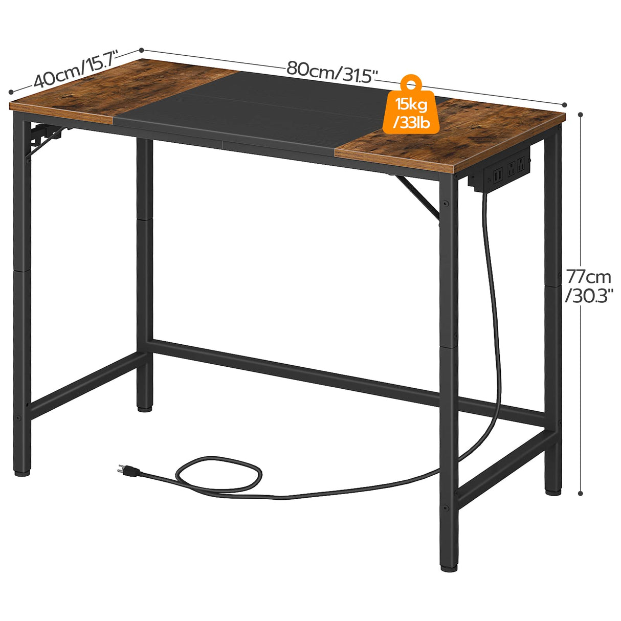 HOOBRO Computer Desk, Home Office Desk with Power Outlet, Modern Study Writing Desk with 3 Hooks for Study Room, Home Office, Sturdy and Stable, Easy to Assemble, Rustic Brown and Black BF40UDN01 HOOBRO