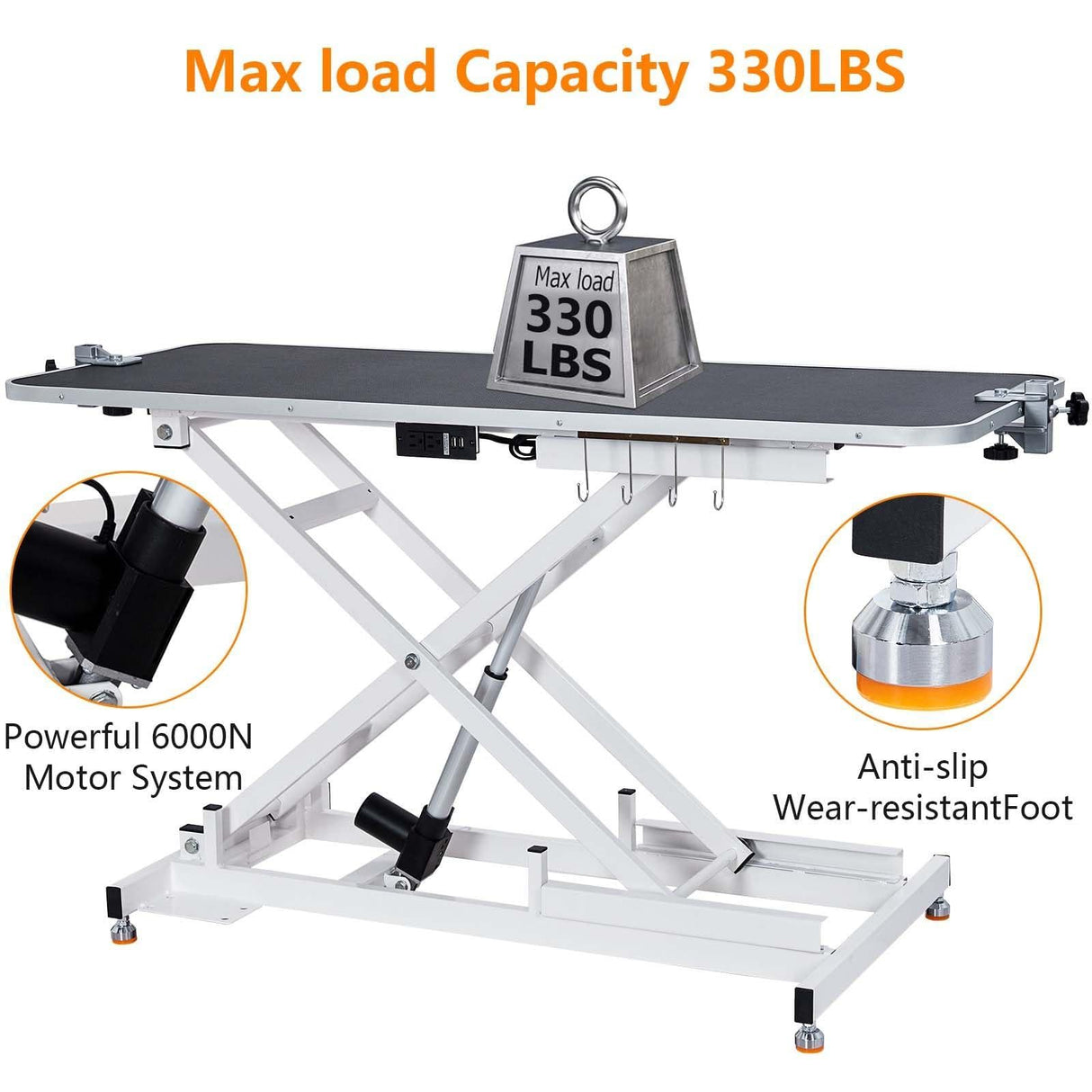 48" Electric Dog Grooming Table - Spacious & Sturdy Design, Functional Features, & Reliable - Adjustable Height, Wireless Remote, 330Lb Capacity - Anti-Slip Wheels, White MERXENG