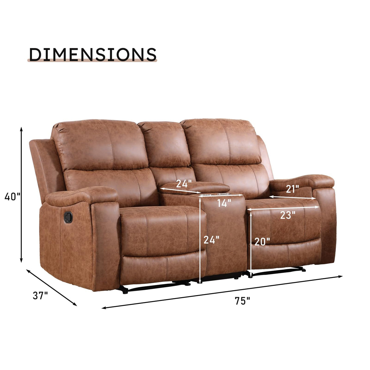 CANMOV Manual Reclining Loveseat with Console,Faux Leather Double Recliner Loveseat Sofa with Hidden Storage and Cup Holders,Manual Recliner Loveseat Couch Set for Living Room,Brown CANMOV