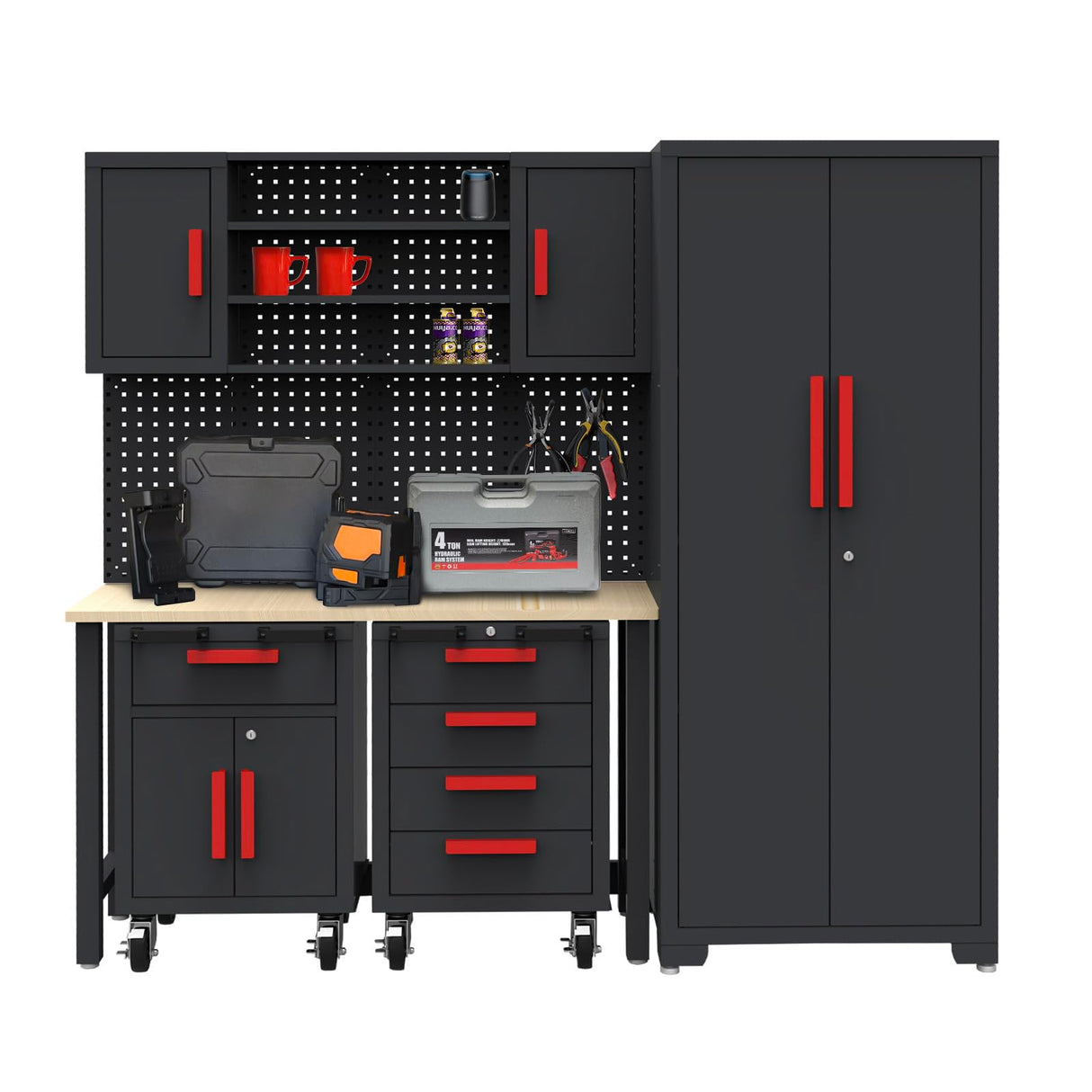 HPDMC 6-Pcs Garage Storage Cabinet System: Workshop Set with Steel Cabinet Drawers, Rolling Chest, Workbench, Pegboard for Tool Organization HPDMC