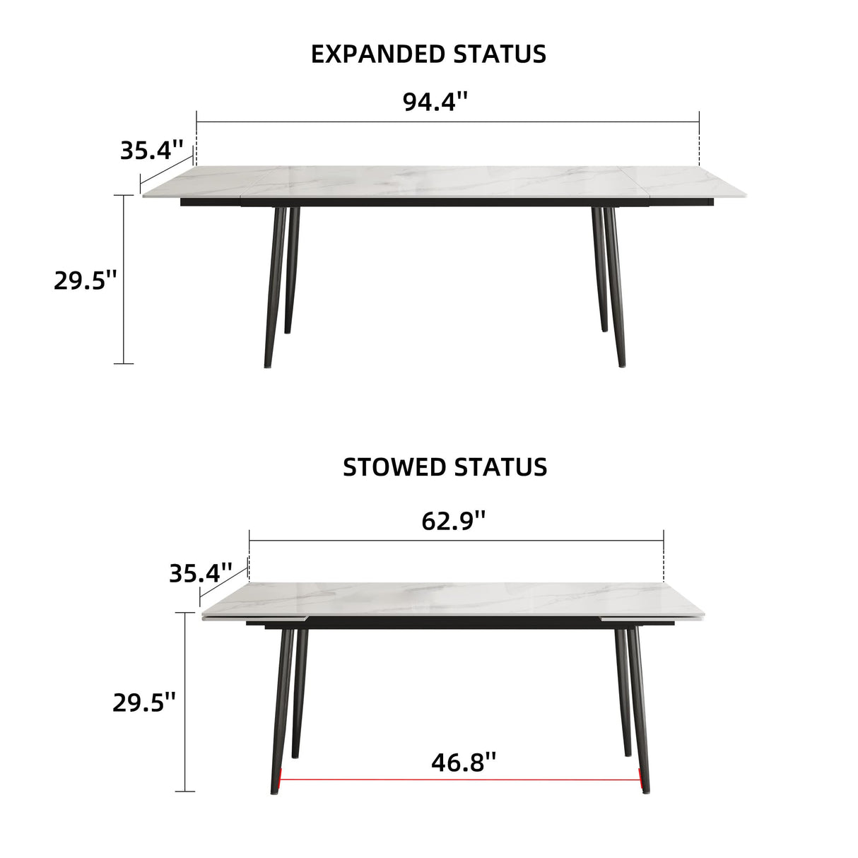 Extendable Dining Table (62.9" to 94.4") for 6 to 10 - Modern Rectangular Sintered Stone Table with High Hardness and Easy Maintenance - Stylish White NessCarsti