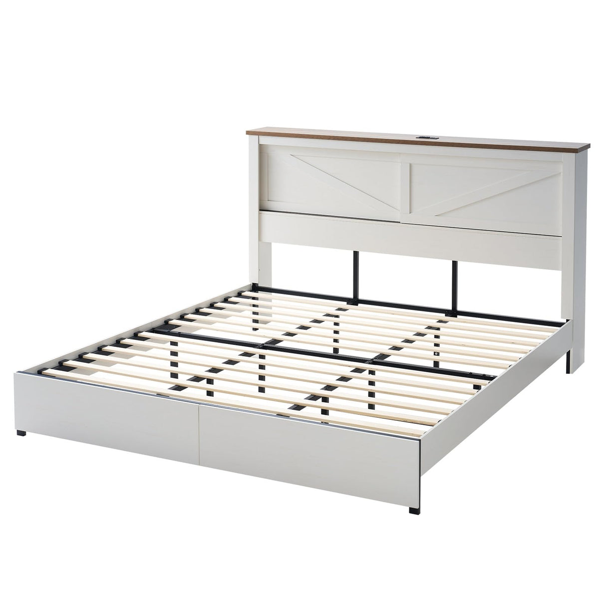 AMERLIFE King 47.2" H Bed Frame with Hidden Space Bookcase Headboard and Charging Station, Beds with 2 Storage Drawers and Wood Slats, No Box Spring Needed, White & Barnwood AMERLIFE