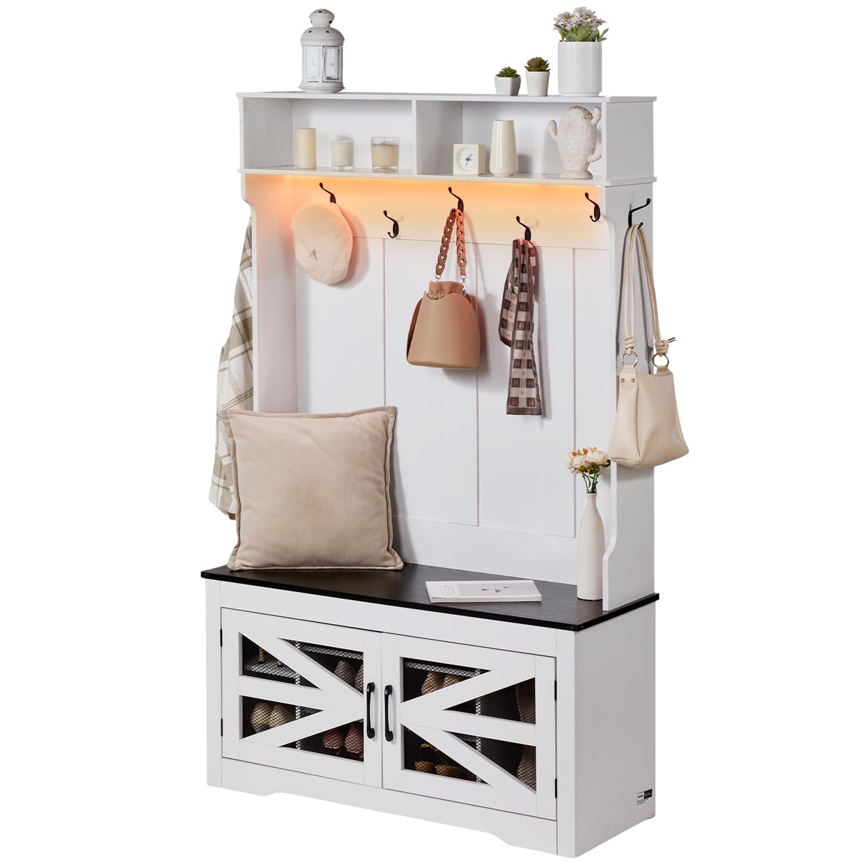 VEVOR Hall Tree Entryway Bench, LED Coat Rack with Shoe Storage, 42" Wide Mudroom Bench with Storage and Seating, Adjustable Shelves and 7 Hanging Hooks, for Mudroom, Entryway, Hallway VEVOR