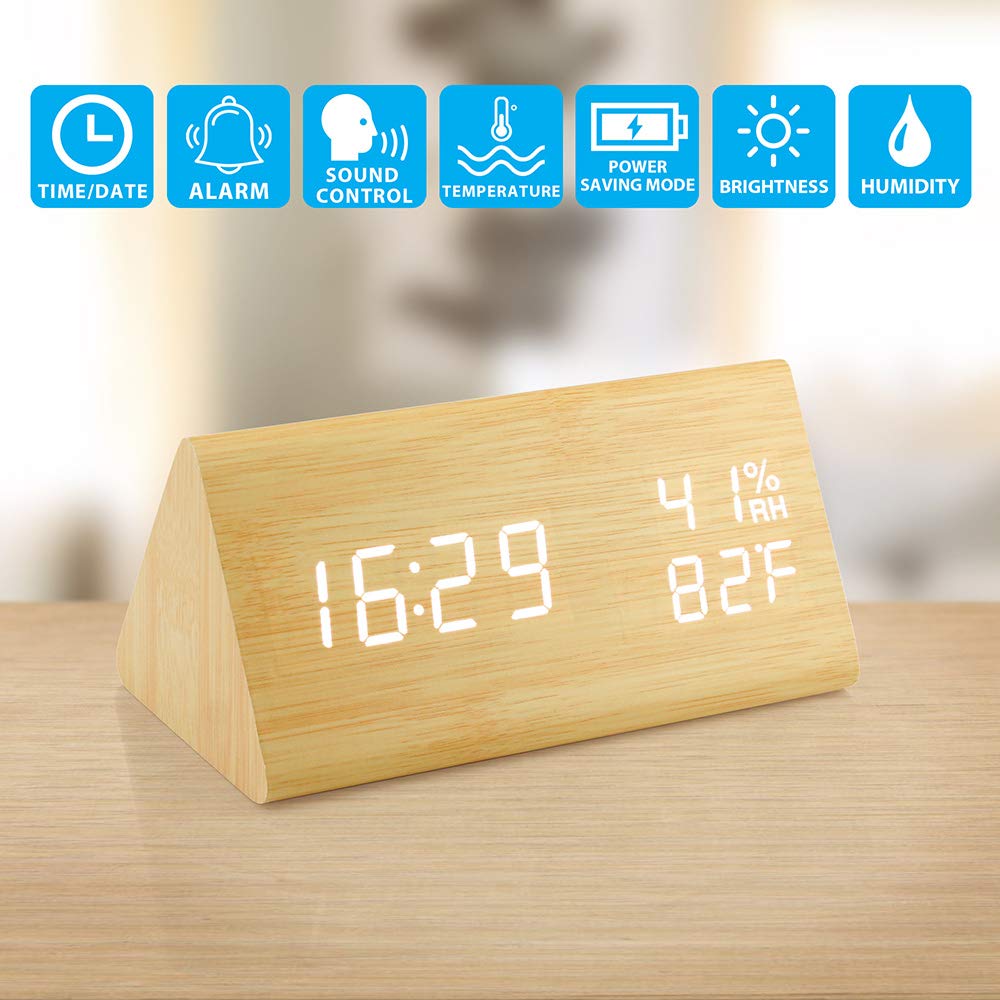 OCT17 Wooden Alarm Clock, Wood Alarm Clock Smart LED Digital Clock for Bedroom/desks, Upgraded with Time Temperature, Adjustable Brightness and Voice Control, Humidity Displaying - Bamboo OCT17