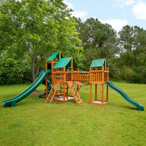 Gorilla Playsets 01-1034-AP-1 Treasure Trove II Wood Swing Set with Green Vinyl Canopy, Clatter Bridge, and 3 Slides, Amber Gorilla Playsets