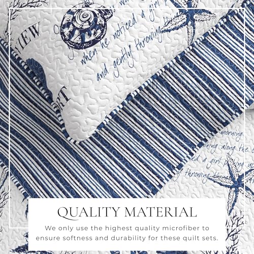 Full / Queen Coastal Quilt Bedding Set, Summer Coastal Quilt with Shams, Beach 3-Piece Reversible All Season Bedspread Quilt Set. Lightweight Nautical Quilted Coverlet. Catalina Collection, Navy. Great Bay Home