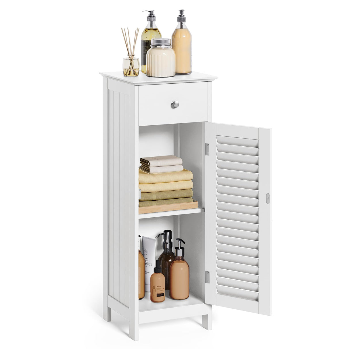 VASAGLE Bathroom Floor Cabinet Storage Organizer Set, with Drawer and Single Shutter Door Wooden, White UBBC43WT VASAGLE