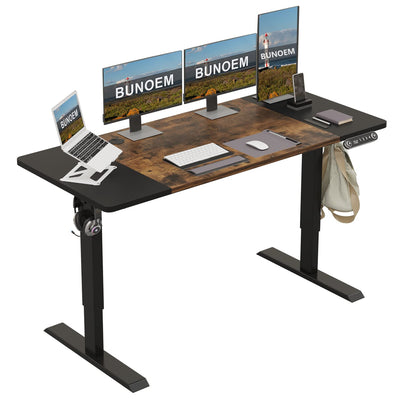 BUNOEM Height Adjustable Electric Standing Desk, 63x30 Height Stand Up Computer Desk,Sit and Stand Home Office Desk with Splice Board (Brown+Black Top, Black Frame)