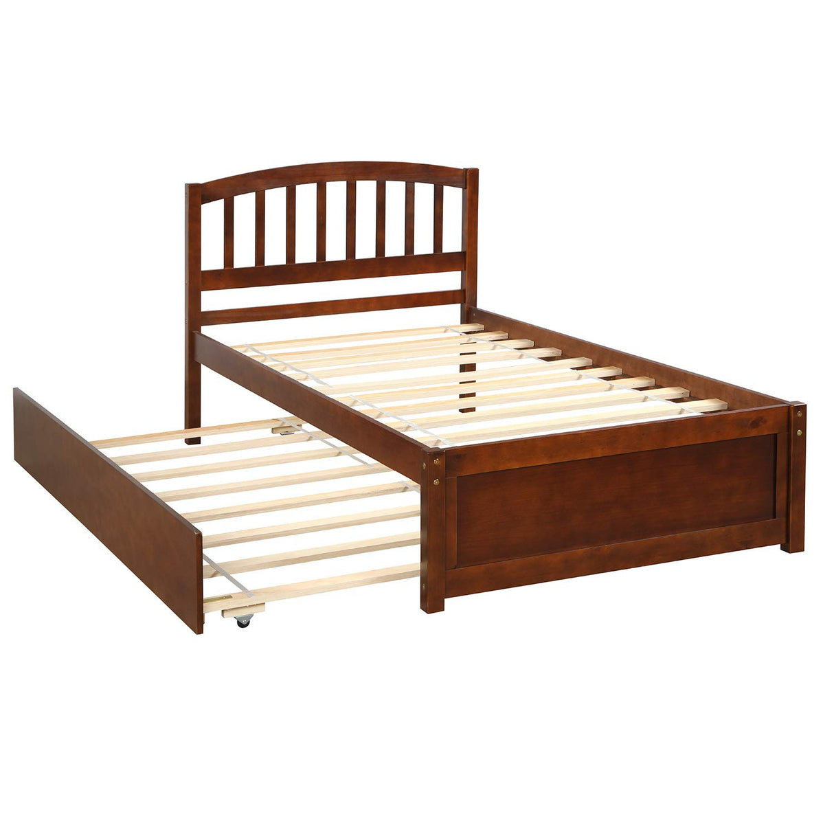 Ball & Cast Trundle Bed Twin,Twin Trundle Bed Frame Roll Out,Solid Wood Bed Frames with Headboard and Wooden Slats Support,for Bedroom,Guest Room,Apartment,Walnut Ball & Cast