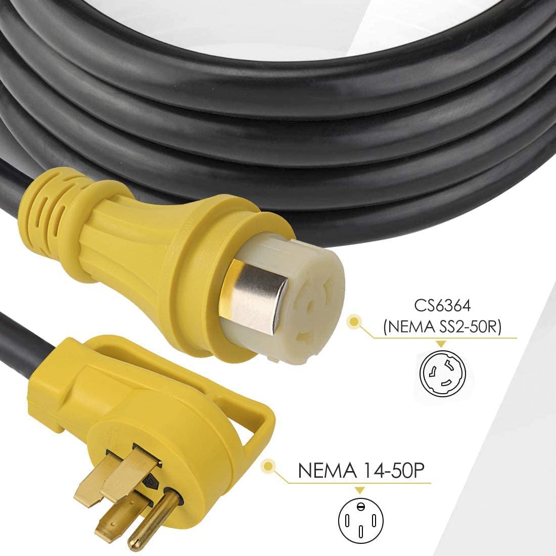 S7 50Ft 50Amp STW Heavy Duty RV Extension Cord with Additional Ring,14-50P Male and SS2-50R Twist-Locking Female,6AWG/3C + 8AWG/1C 125V/250V for RV Trailer, Camper, Motorhome S7