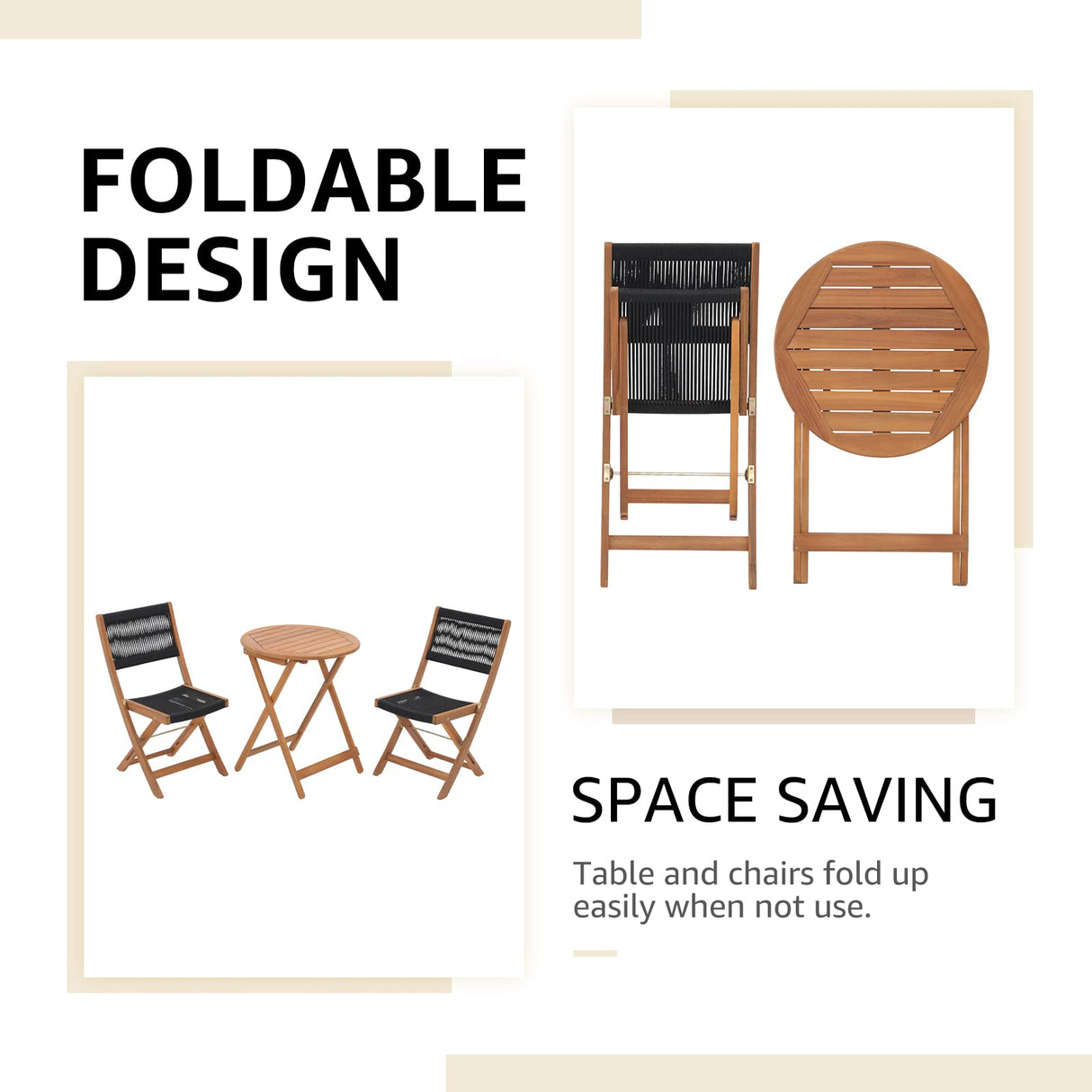 OC Orange-Casual 3 Piece Acacia Patio Bistro Set, Outdoor Compact Wood Table and Chairs Set of 2 for Apartment Balcony Front Porch Deck Yard, Black OC Orange-Casual