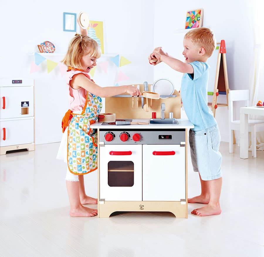Hape Gourmet Kitchen Toy Fully Equipped Wooden Pretend Play Kitchen Set with Sink, Stove, Baking Oven, Cabinet, Turnable Knobs & Spice Shelf, White Hape