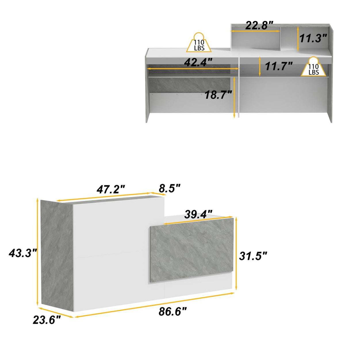 FAMAPY Reception Desk with Shelves, Modern Reception Table with Storage, Front Counter Checkout Table Retail Counter for Lobby Shop, White and Grey, 23.6”D x 86.6”W x 43.3”H FAMAPY