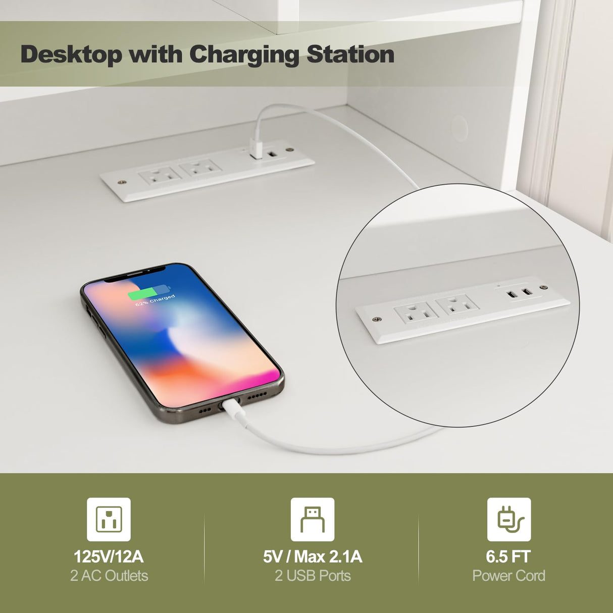 GLOBALWAY48” Computer Desk, Study Writing Desk with 5-Cube Hutch, 2 Drawers & Charging Station, Home Office Workstation for Living Room, Study & Bedroom, White Giantex