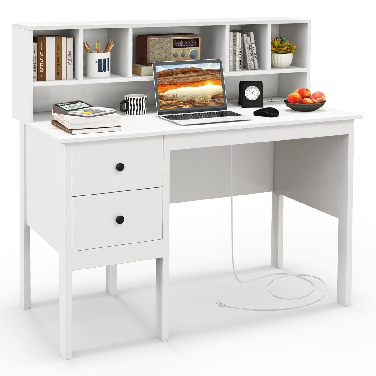 Giantex White Desk with Drawers & Hutch, Home Office Desk with Charging Station, 5 Storage Cubbies, Makeup Vanity Table, Modern Study Writing Desk, PC Laptop Desks, Computer Workstation for Bedroom Giantex