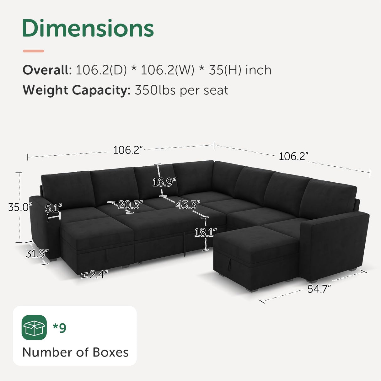 HONBAY Modular Sectional Sleeper Sofa with Pull Out Couch, Oversized U Shaped Sleeper Pull Out Bed with Storage Sectional Couches for Living Room - Black HONBAY