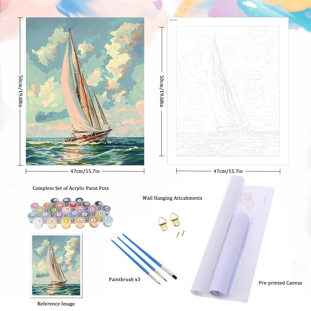Natuyalo Paint by Numbers Kit for Adults Beginners, 16" Wx20 L Canvas Pictures Drawing Acrylic Paintwork with 3 Pcs Paintbrushes, Sailboat in Waves Natuyalo