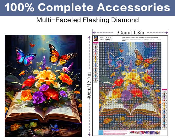 Flowers Diamond Painting Kits for Adults - 5D Butterfly Diamond Art Kits for Beginners, DIY Round Diamond Painting Flowers Art Crafts, are Great for Decorating Home Walls and Holiday Gifts 12X16Inch Xylogist