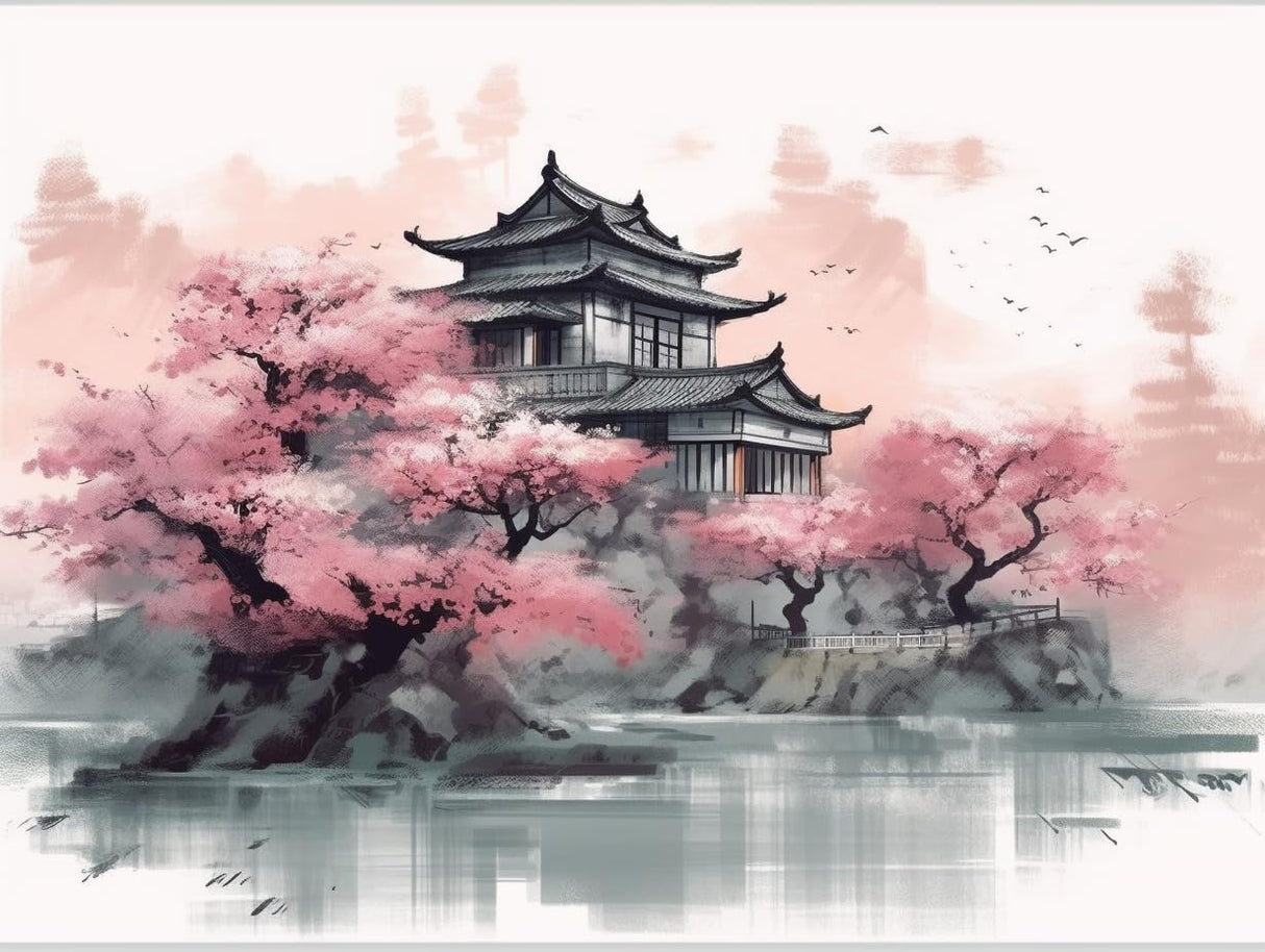Generic Diamond Art Painting Landscape Peach Blossom House Chinese Style (1) Kit for Adults Diamond Art Painting by Number Kits Gem Art Wall Home Decor(Canvas 11.8 x15.8inch) Generic