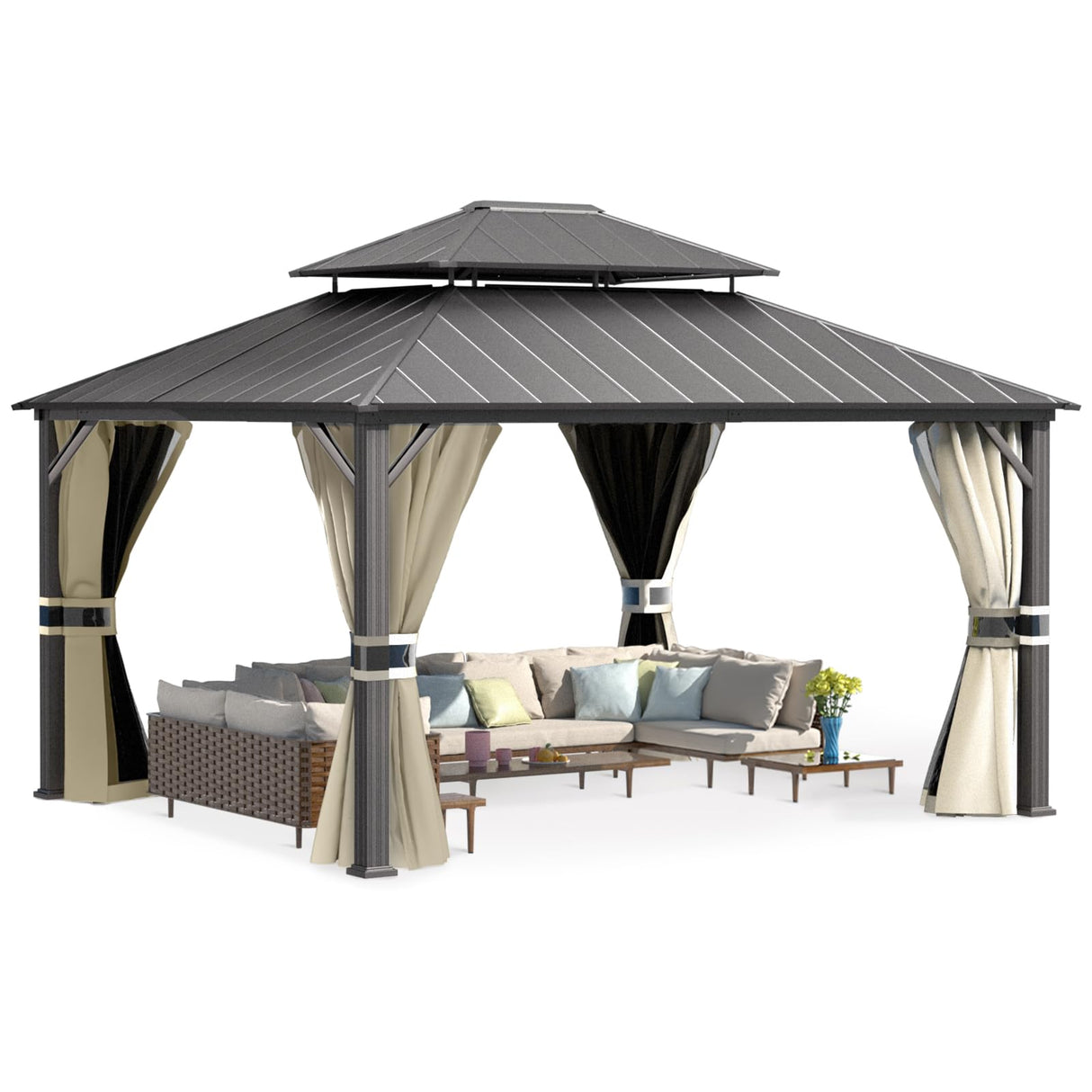 UDPATIO 12' x 14' Hardtop Gazebo, Outdoor Aluminum Gazebo with Galvanized Steel Double Roof, Permanent Metal Canopy with Netting and Curtains for Patio, Garden, Lawn, Backyard, Deck, Beige UDPATIO