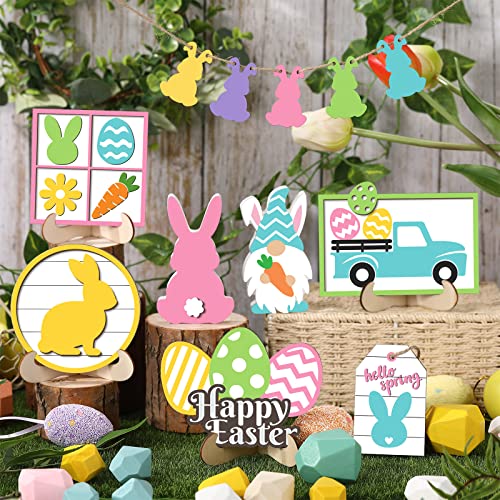 Jetec Tray Decor, 12pcs Bunny Easter Tiered Signs, Wood Gnome Truck Flower Farmhouse Kitchen Decorations, Green, Yellow, Tray not Included Jetec