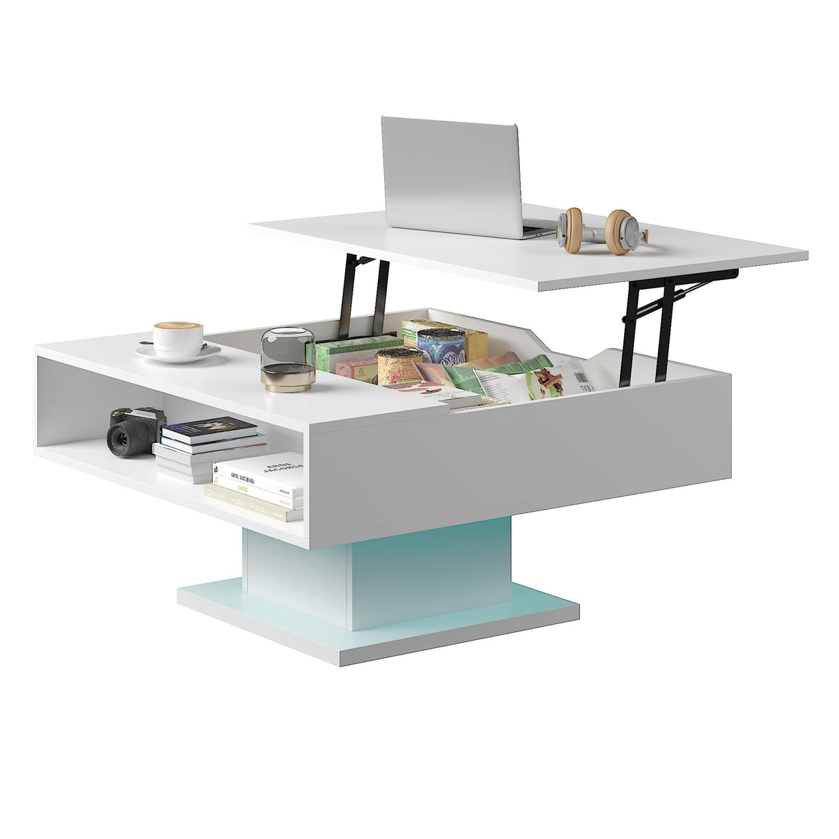 HedoAjim White 30.7" Lift Top Coffee Table with Storage, Square Led Coffee Table with Large Hidden Storage, Wood Living Room Table Led Center Table for Dining Reception Room HedoAjim