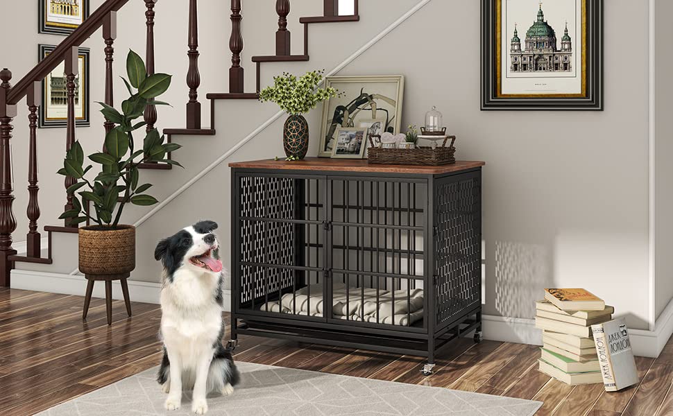 BOINN 42 inch Extra Large Dog Crate Furniture with Removable Trays, 3 Doors, 4 Wheels & 5 Locks - for Medium and Large Dogs BOINN