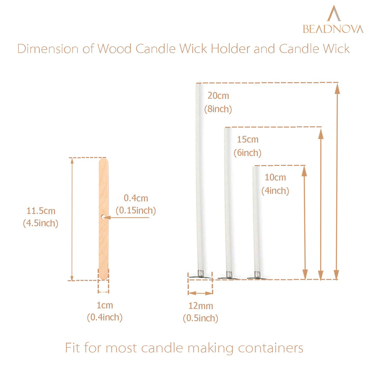 BEADNOVA Candle Wicks Set 150 Pcs Candle String Cotton Wicks with 50 Pcs Wooden Holders Centering Device for Making Supplies DIY (4, 6, 8 Inch) BEADNOVA